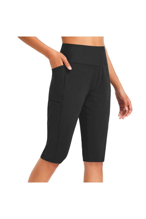 Spandex Short Leggings for Women Knee Length with Pockets Stretchy High Waist Yoga Workout Pants Activewear (2XL, Black)