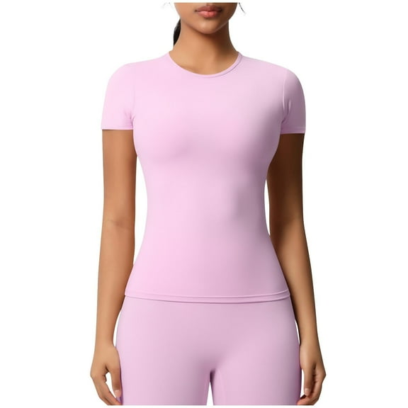 AKOEE Spandex Workout T-shirts Summer Yoga Tops Womens Quick Dry Athletic Short Sleeve Round Neck Tees (M, Pink)