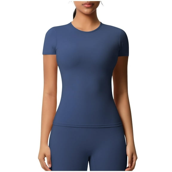 AKOEE Spandex Workout T-shirts Summer Yoga Tops Womens Quick Dry Athletic Short Sleeve Round Neck Tees (S, Blue)