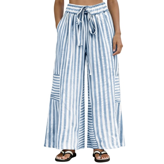 AKOEE Striped Pants Womens Wide Leg Drawstring Sweatpants Plus Size Lounge Beach Palazzo Trousers with Pockets (XL, Light Blue)