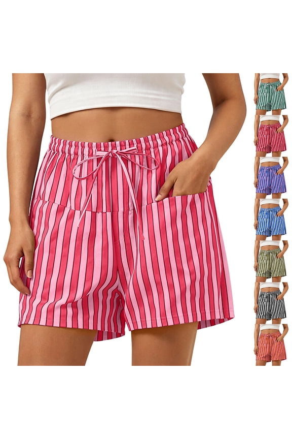 Striped Shorts for Women Summer Drawstring Waist Travel Beach Casual Lounge Shorts with Pockets, Pink|Short 2XL