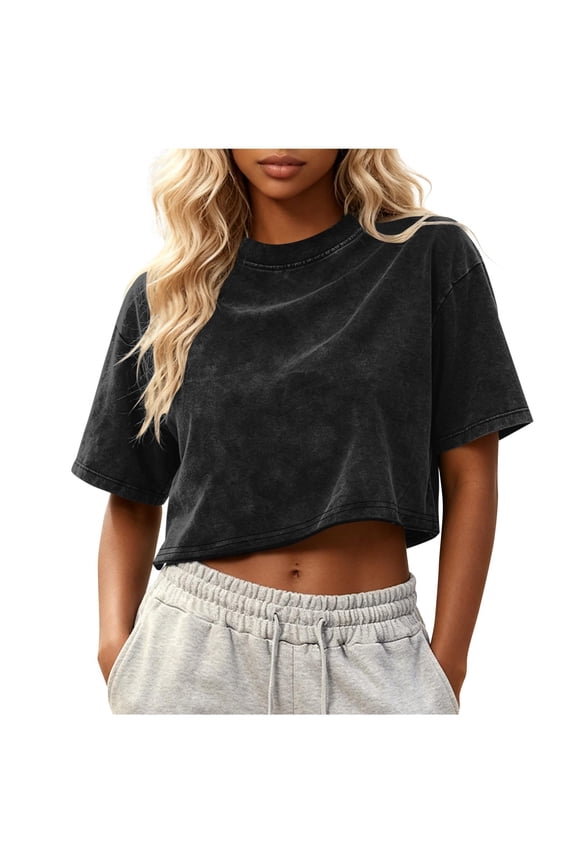 Summer Crop Tops for Women Teen Girls Short Sleeve Soft Loose Crewneck Short Sleeve Cropped T-Shirts (M, Black)