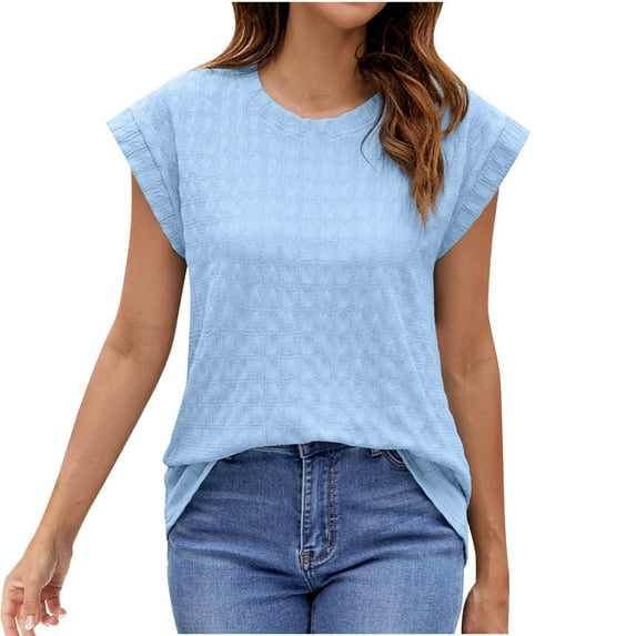 AKOEE Summer Dressy Tops for Women Cap Sleeve Tank T Shirts Crew Neck Loose Fit Solid Color Casual Pullover Tees (Medium, Sky Blue)