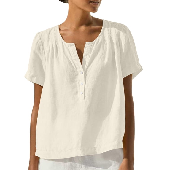 AKOEE Summer Linen Tops for Women with 3 Buttons V Neck Short Sleeve Loose T-shirts Travel Casual Beach (L, Beige)