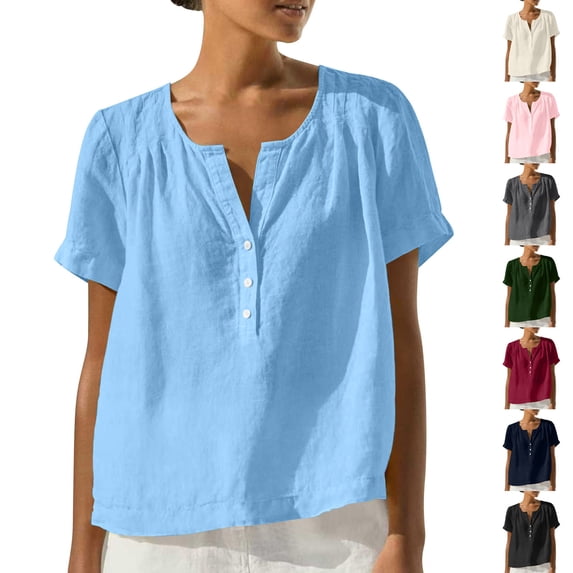 AKOEE Summer Linen Tops for Women with 3 Buttons V Neck Short Sleeve Loose T-shirts Travel Casual Beach (XL, Light Blue)