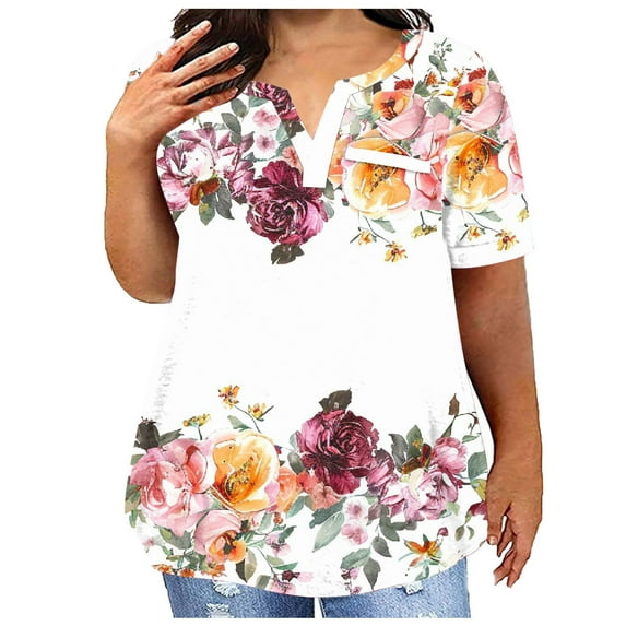 AKOEE Summer Plus Size Cotton T Shirts Womens Loose Fit V Neck Tops Short Sleeve L-5X Stretch Casual Large Tees (4X-Large, White 01)