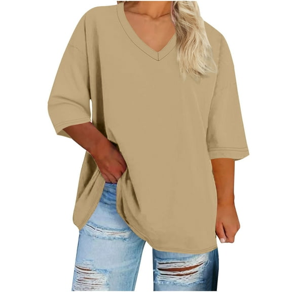 AKOEE Summer Plus Size T-Shirts for Women Solid Tops Loose Casual V Neck Pullover Tees Short Sleeve Tshirts (2XL, Khaki)