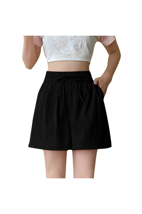 Summer Shorts for Women Drawstring Elastic Waist Gym Lounge Shorts Wide Leg Casual Short Pants with Pockets (XL, Black)