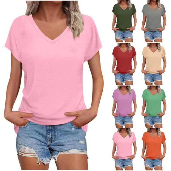 AKOEE Summer T-shirts for Women Cap Short Sleeve V Neck Plain Tshirts Casual Base Loose Fit Tunic Tops (XL, Pink)
