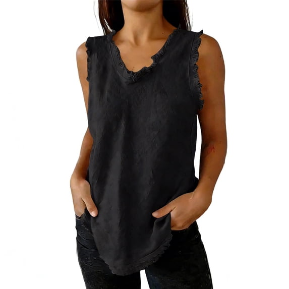 AKOEE Summer Tank Tops Women Frayed Tassels Trim V Neck Trendy Casual Solid Tunic Tee Shirts Loose Fit (XL, Black)