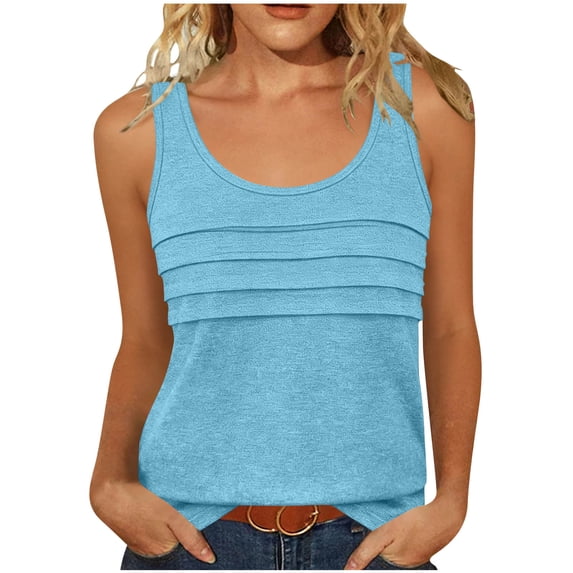 AKOEE Summer Tank Tops Women Loose Fit Casual Basic Tees Crewneck Sleeveless Plain Tshirts with Pleats (2XL, Light Blue)