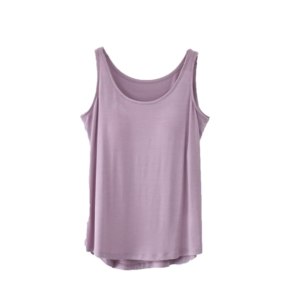 AKOEE Tank Top Women Built in Bra, Ladies Sleeveless Cotton Soft Padded Vest Casual Crew Neck Pajama Shirt Tanks (XL, Purple)