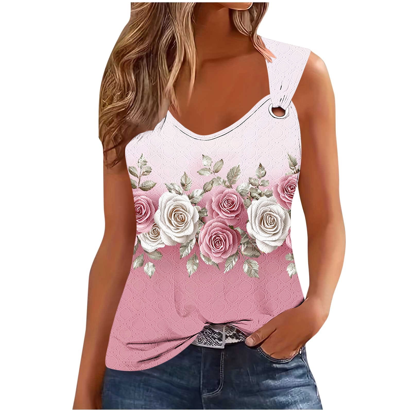 AKOEE Tank Tops for Women with Prints Metal O-ring Strap Sleeveless ...