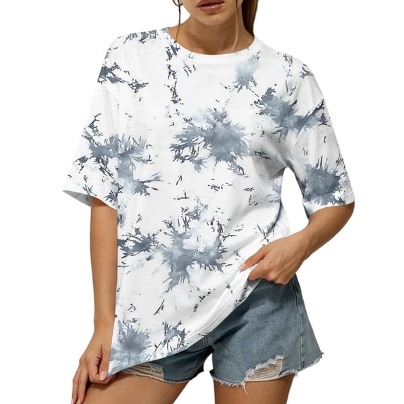 AKOEE Tie Dye T-Shirts Womens Oversized Fit Summer Crewneck Short Sleeve Tops Loose Casual Workout Tees (M, White)