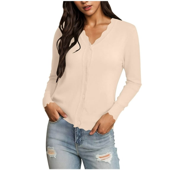 AKOEE Trendy Knit Cardigans for Women Lightweight Casual 3/4 Sleeve Button Down Scalloped Shrugs Sweater Tops (S, Beige)