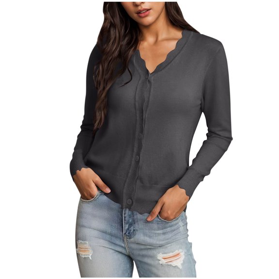 AKOEE Trendy Knit Cardigans for Women Lightweight Casual 3/4 Sleeve Button Down Scalloped Shrugs Sweater Tops (XL, Dark Gray)
