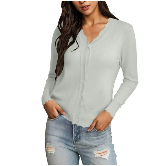 AKOEE Trendy Knit Cardigans for Women Lightweight Casual 3/4 Sleeve Button Down Scalloped Shrugs Sweater Tops (XL, Gray 01)