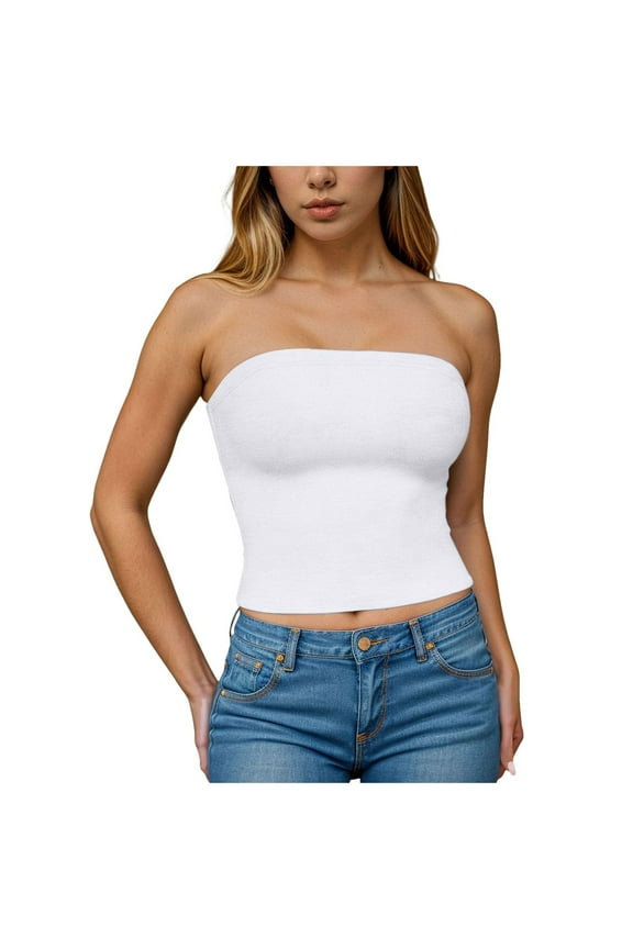 Tube Top for Women Strapless Slim Fit Soft Stretchy Bandeau Tees Y2k Going Out Blouses (XL, White)