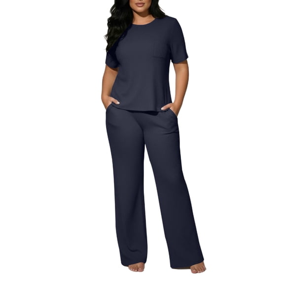 AKOEE Two Piece Lounge Sets for Women Short Sleeve Top & Drawstring Elastic Waist Straight Leg Pant Loungewear (M, Blue)
