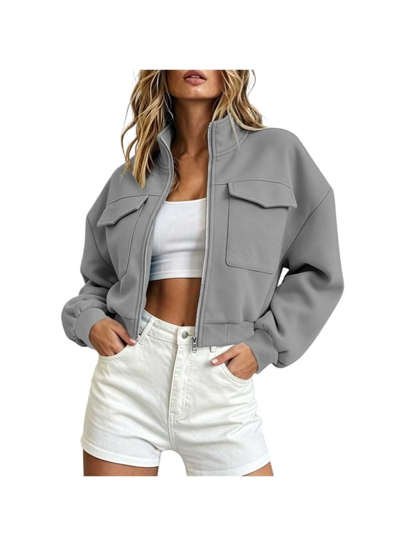 Utility Jackets for Women Oversized Full Zip Cropped Cargo Outerwear Coat Trendy Casual Y2k Streetwear (2XL, Gray)