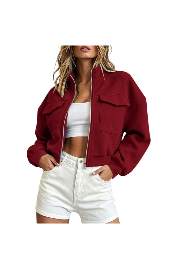 Utility Jackets for Women Oversized Full Zip Cropped Cargo Outerwear Coat Trendy Casual Y2k Streetwear (L, Red)