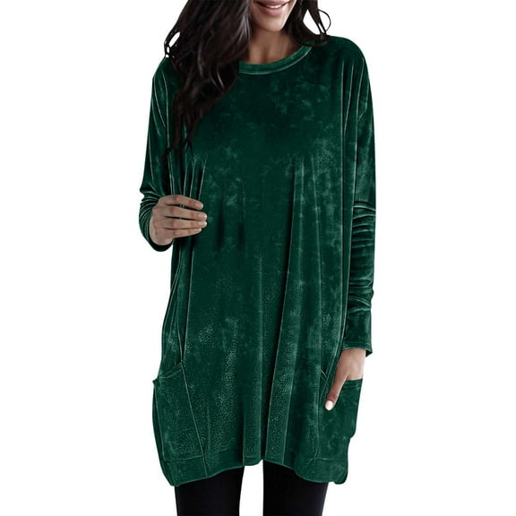 AKOEE Velvet Long Tops for Women with Pockets Crew Neck Tunic Tops to Wear with Leggings Loose Plain Pullover Tunics (M, Army Green)