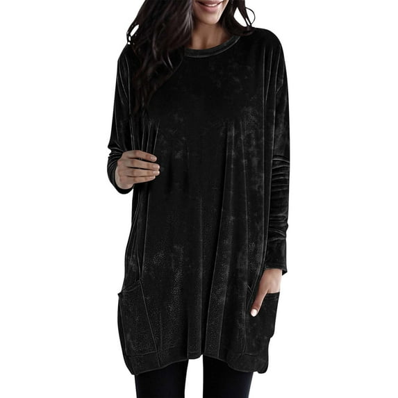 AKOEE Velvet Long Tops for Women with Pockets Crew Neck Tunic Tops to Wear with Leggings Loose Plain Pullover Tunics (M, Black)