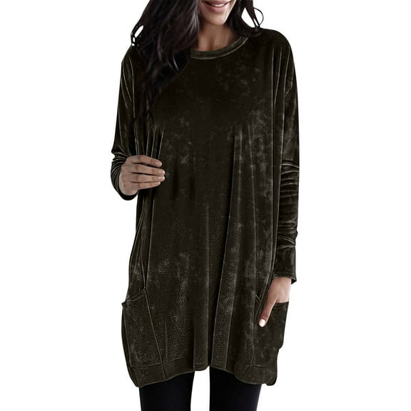 AKOEE Velvet Long Tops for Women with Pockets Crew Neck Tunic Tops to Wear with Leggings Loose Plain Pullover Tunics (M, Brown)