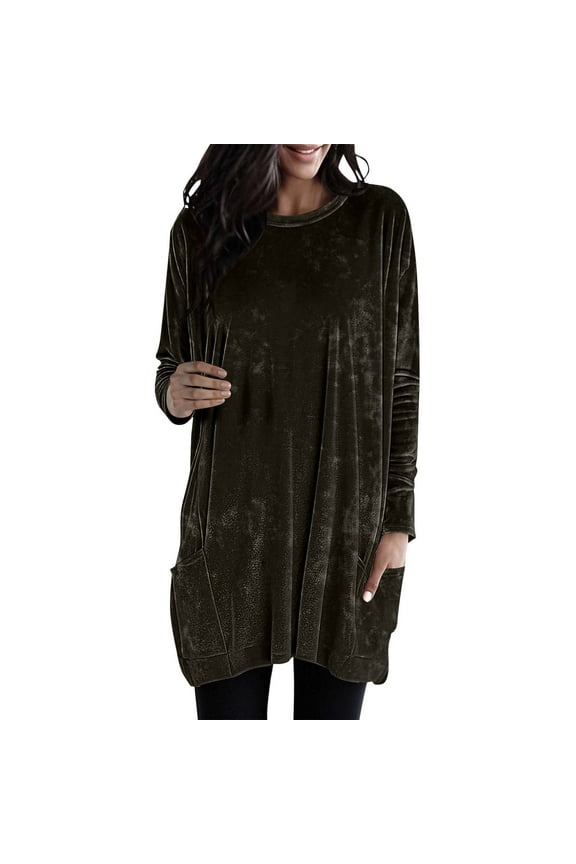 Velvet Long Tops for Women with Pockets Crew Neck Tunic Tops to Wear with Leggings Loose Plain Pullover Tunics (M, Brown)