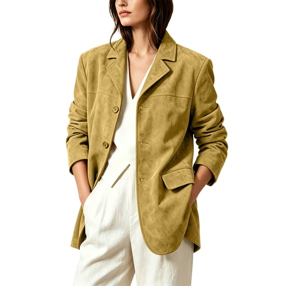 AKOEE Vintage Faux Suede Jackets Women Notched Lapel Collar Suit Blazers with Pockets Business Casual Coats (L, Yellow)