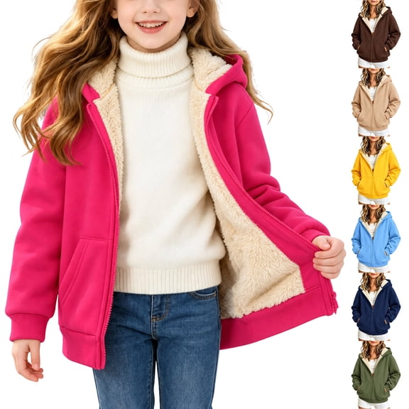 AKOEE Winter Jackets for Boys Girls Fleece Lined Zip Up Hooded Coat with Pockets Kids Long Sleeve Warm Outerwear, Hot Pink 8-9 Years