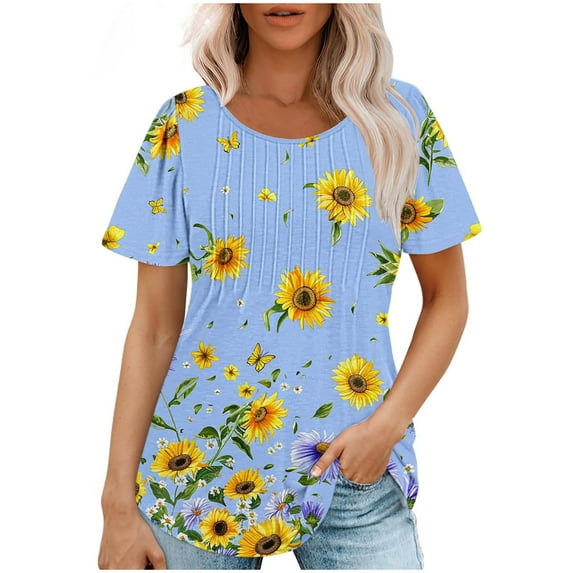 AKOEE Women Floral Print Tunic Tops Short Sleeve Cotton T-shirts Summer 2025 Crew Neck Pleated Loose Casual Tees (L, Blue 03)
