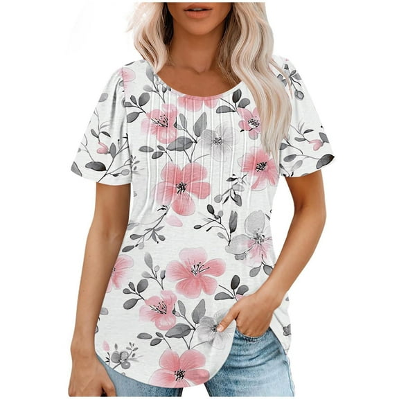 AKOEE Women Floral Print Tunic Tops Short Sleeve Cotton T-shirts Summer 2025 Crew Neck Pleated Loose Casual Tees (S, Blue)