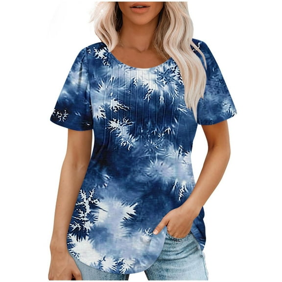 AKOEE Women Floral Print Tunic Tops Short Sleeve Cotton T-shirts Summer 2025 Crew Neck Pleated Loose Casual Tees (XL, Blue 04)