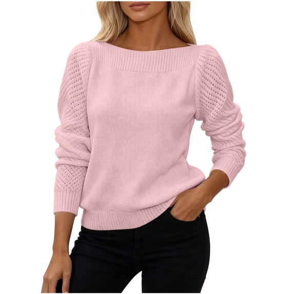 AKOEE Women Knit Sweaters Boat Neck Hollow-Out Long Sleeve Plain Soft Pullovers Loose Fall Winter Casual Tops (XS, Pink)
