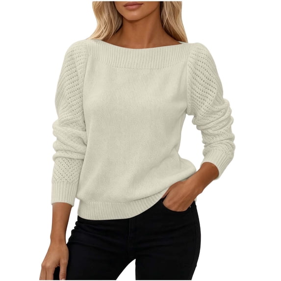 AKOEE Women Knit Sweaters Boat Neck Hollow-Out Long Sleeve Plain Soft Pullovers Loose Fall Winter Casual Tops (XS, White)