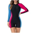 thumbnail image 1 of AKOEE Women Long Sleeve Rash Guard One Piece Boyleg Swimsuit, Colorblock Front Zip UV Protection Bathing Suit (L, Blue), 1 of 7