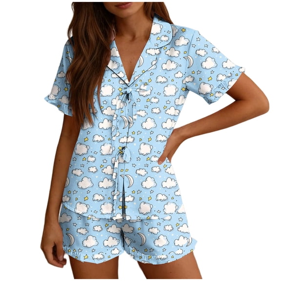 AKOEE Women's 2 Piece Pajamas Sets Lace-Up Notched Collar V Neck Shirt Matching Shorts Lounge Home Outfits (2XL, Blue|Clouds)