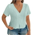 thumbnail image 1 of AKOEE Women's Button Up V Neck Shirt Short Sleeve Loose Plus Size Crop Tops Dressy Casual Summer Blouses (XL, Blue), 1 of 6