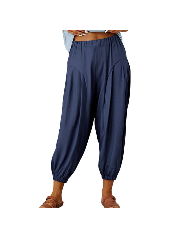 Women's Capris Loose Summer Casual Beach Wide Leg Capri Palazzo Harem Pants for Women with Pockets (L, Navy Blue)