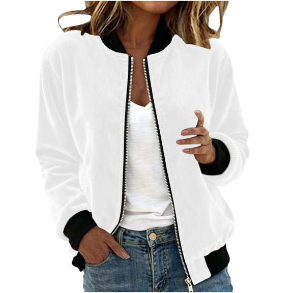Women's Corduroy Bomber Jacket Full Zip Hoodless Casual Fashion Outerwear Cardigans Long Sleeve Fall Coat (XL, White)