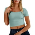 thumbnail image 1 of AKOEE Women's Crop Tops Short Sleeve Base T-Shirts Square Neck Slim Fitted Tees Casual Summer Y2k Clothes (L, Green), 1 of 7