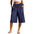 thumbnail image 1 of AKOEE Women's Linen Capris Wide Leg Baggy Capri Sweatshorts Drawstring Elastic Waist Long Shorts with Pockets (S, Navy), 1 of 7