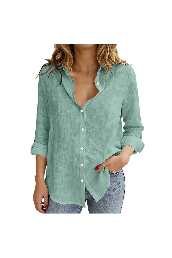 Women's Linen Shirts Button Down Rolled Long Sleeve Business Casual Blouses Lightweight Spring Clothes (M, Mint Green)