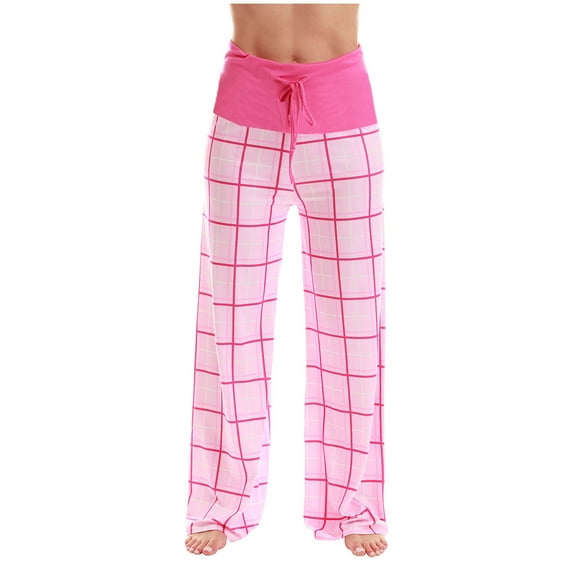 AKOEE Women's Lounge Pants Plaid Drawstring Pajamas Bottoms Ultra-soft Spandex Cotton High Waist Sweatpants (2XL, Hot Pink)