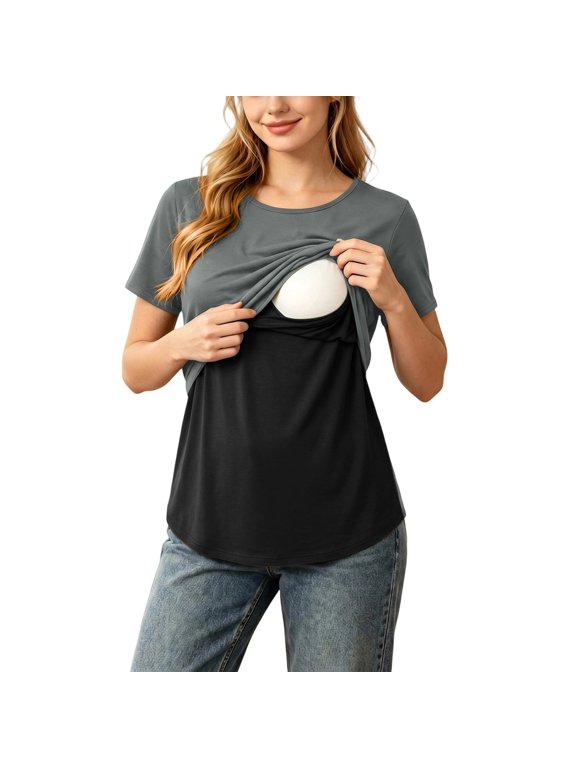 Women's Maternity Tops Colorblock Soft Double Layer Breastfeeding Pregnancy Nursing T-Shirts Short Sleeve (2XL, Gray C)