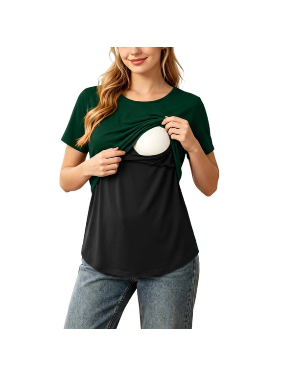 Women's Maternity Tops Colorblock Soft Double Layer Breastfeeding Pregnancy Nursing T-Shirts Short Sleeve (4XL, Green C)