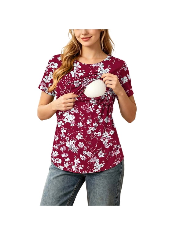 Women's Maternity Tops Colorblock Soft Double Layer Breastfeeding Pregnancy Nursing T-Shirts Short Sleeve (M, Red|Floral)