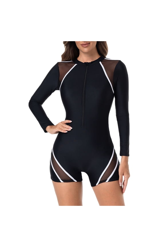 Women's One Piece Boyleg Swimsuit Long Sleeve Sun Protection Athletic Zipper Surfing Bathing Suit UPF 50+ (S, White)