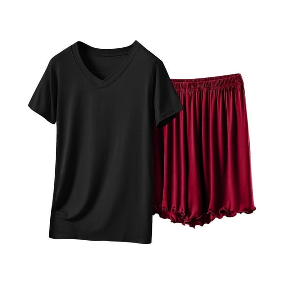 AKOEE Women's Pajamas Set Modal Cotton Short Sleeve Sleepwear Pjs Shorts Sets with Ruffle Detail V Neck Loungewear (2XL, Black+Red)